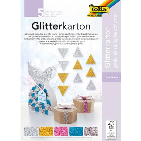 folia Glitterkarton "GROB", 174 x 245 mm, 300 g/qm, 5-farbig sortiert (EAN: 4001868117851)