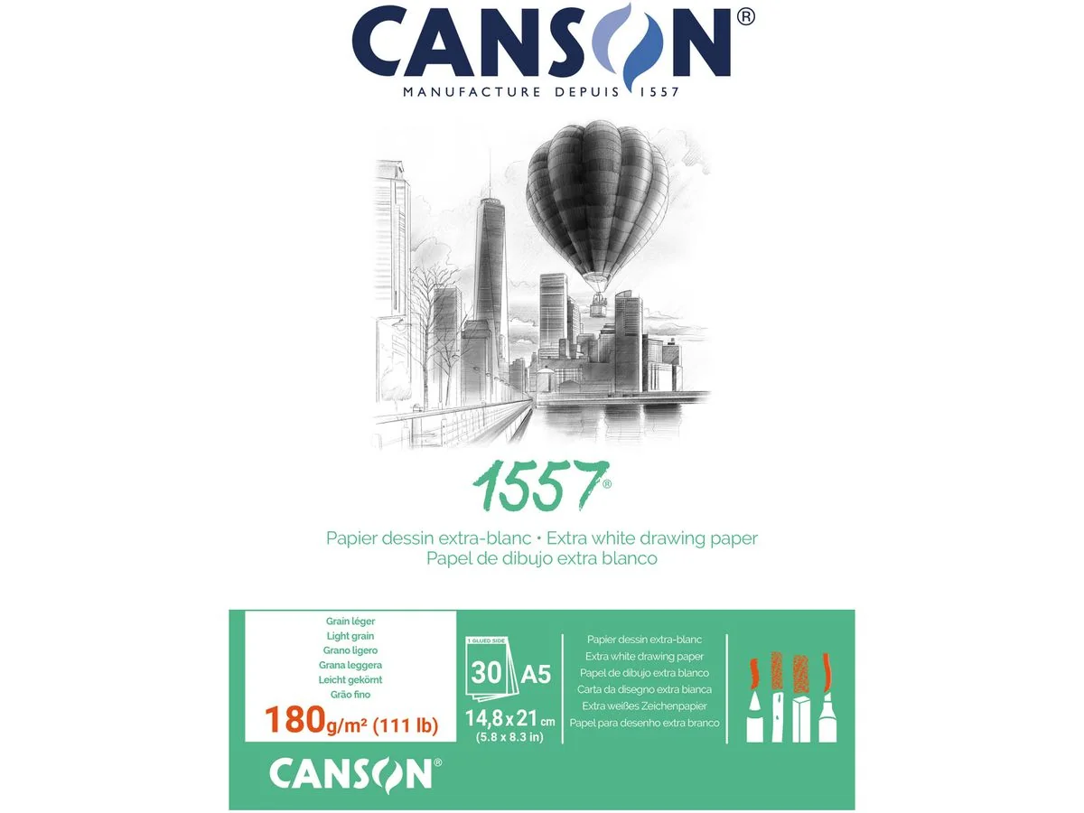 CANSON Zeichenpapierblock 1557, DIN A5, 180 g/qm, 30 Blatt, reinweiß (EAN: 3148951274136)