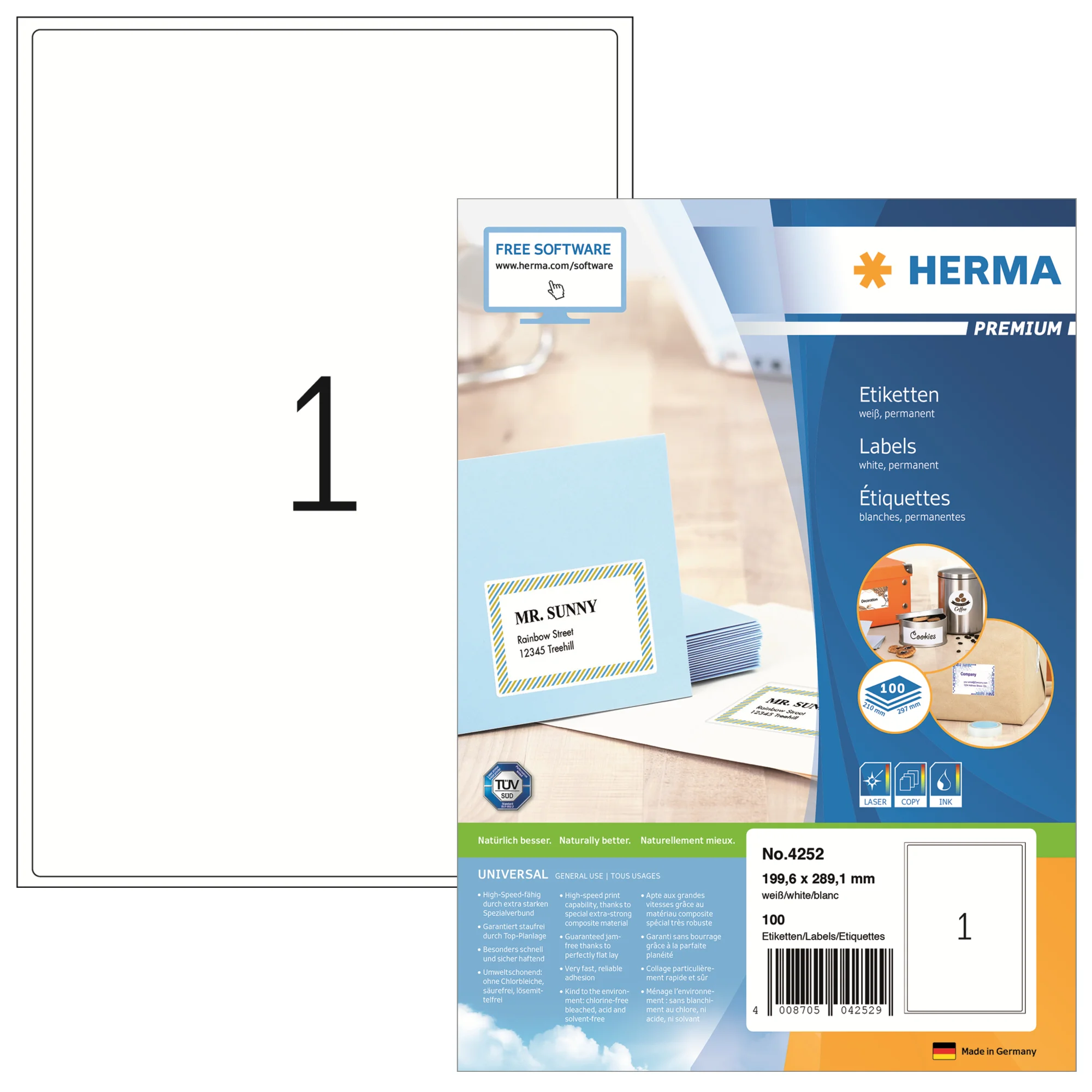 HERMA Universal-Etiketten PREMIUM, 199,6 x 289,1 mm, weiß (EAN: 4008705042529)