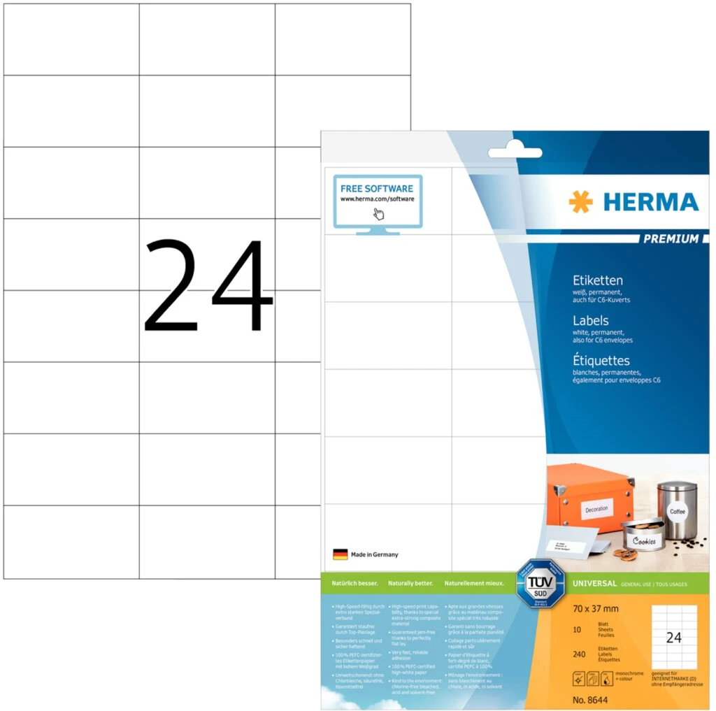 HERMA Universal-Etiketten PREMIUM, 70 x 37 mm, weiß (EAN: 4008705086448)