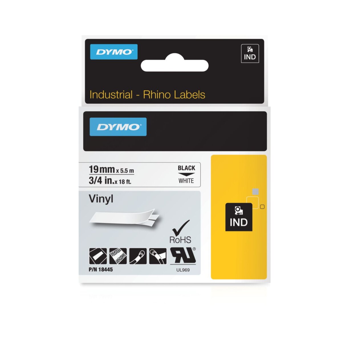 DYMO RHINO Vinyl-Schriftband schwarz/weiß, 19 mm x 5,5 m (EAN: 0071701184450)