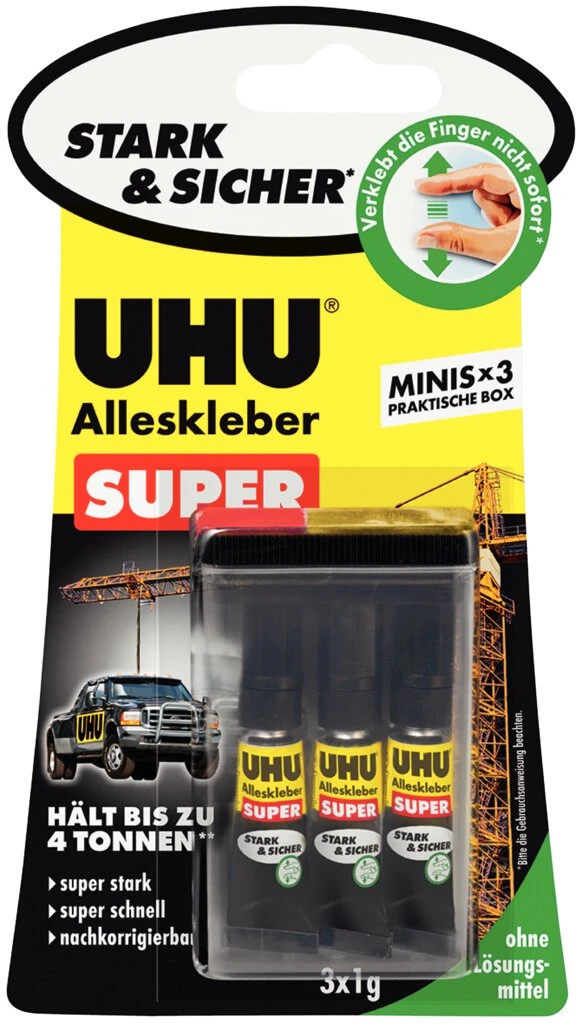 UHU Alleskleber SUPER MINIS, 3 Tuben à 1 g, auf Blister (EAN: 4026700443059)