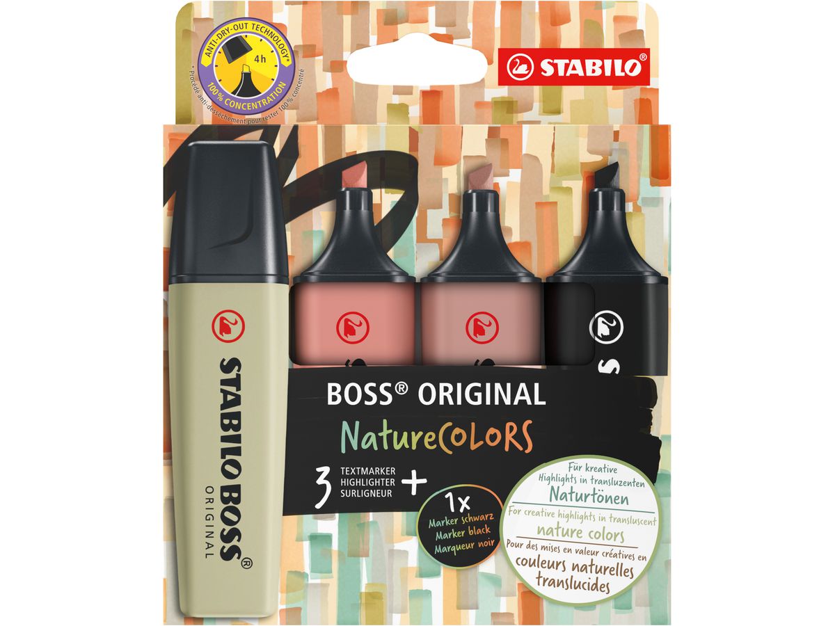 STABILO Textmarker BOSS ORIGINAL NatureCOLORS, 4er Etui (EAN: 4006381603126)