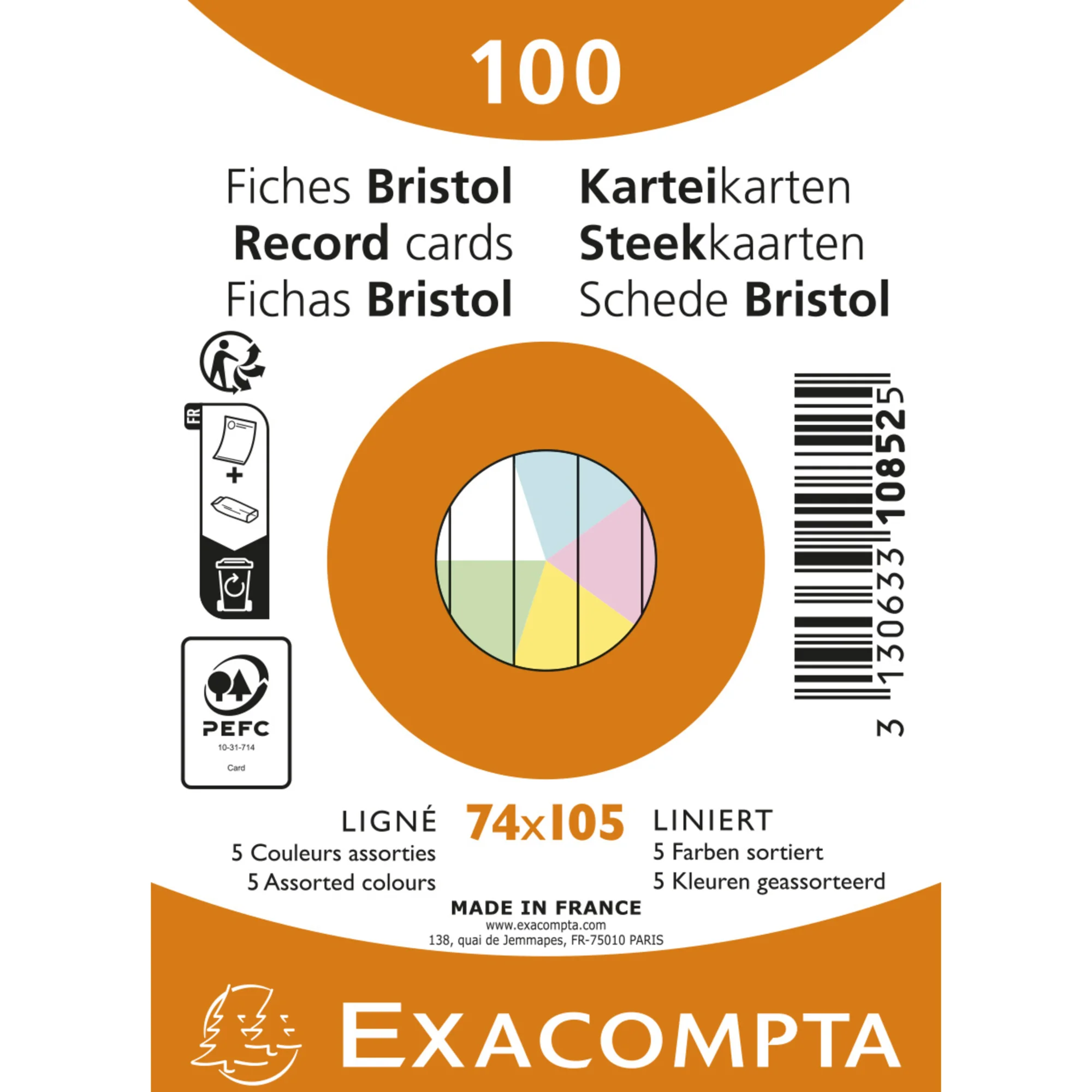 EXACOMPTA Karteikarten, DIN A7, liniert, farbig sortiert (EAN: 3130633108525)
