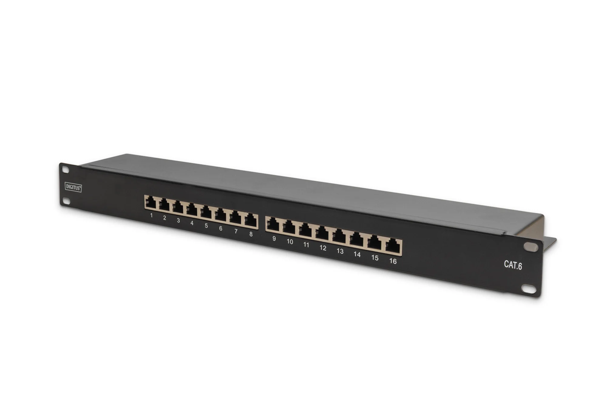 DIGITUS 19" Patch Panel Kat.6, Klasse E, 16 x RJ45, 1 HE, schwarz (RAL 9005) (EAN: 4016032440253)