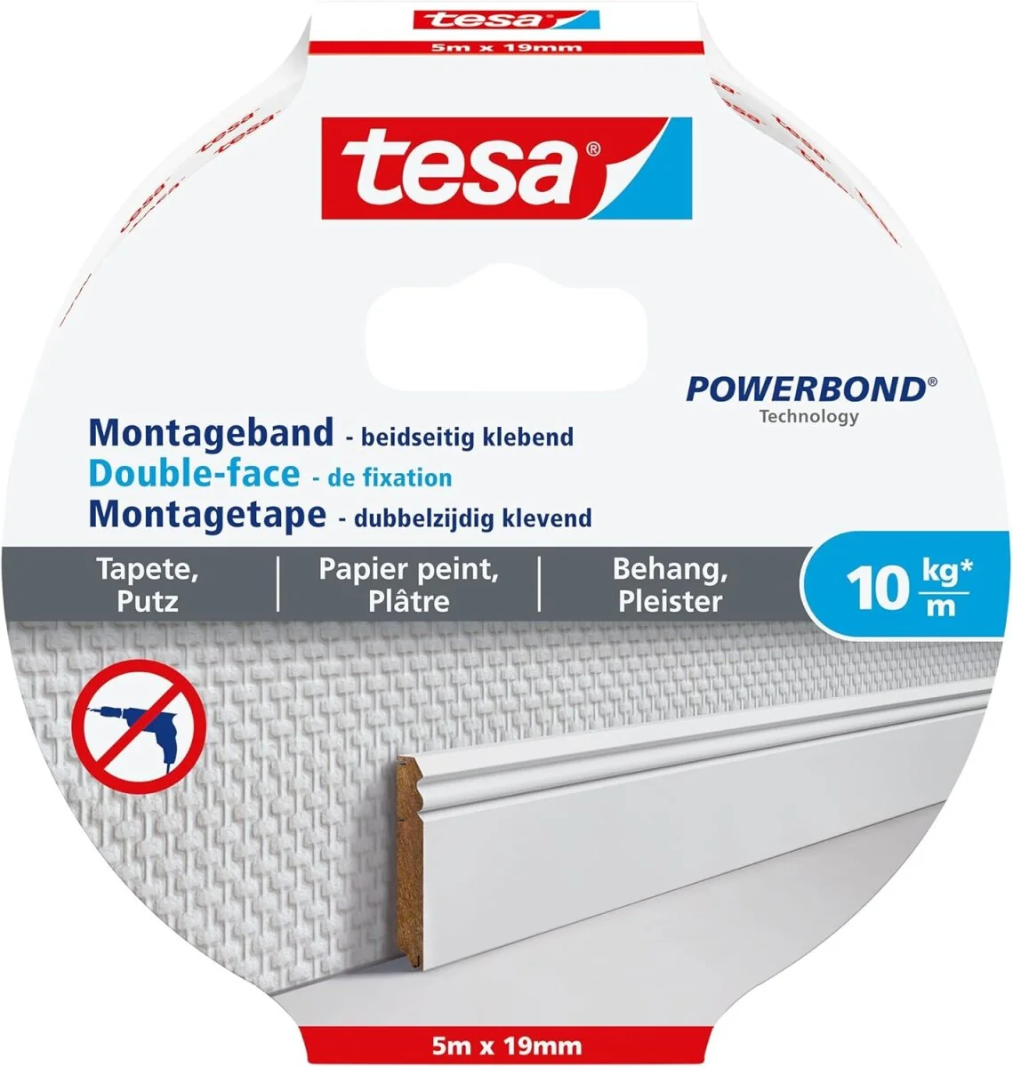 tesa Powerbond Montageband für Tapete/Putz, 19 mm x 5,0 m (EAN: 4042448340313)