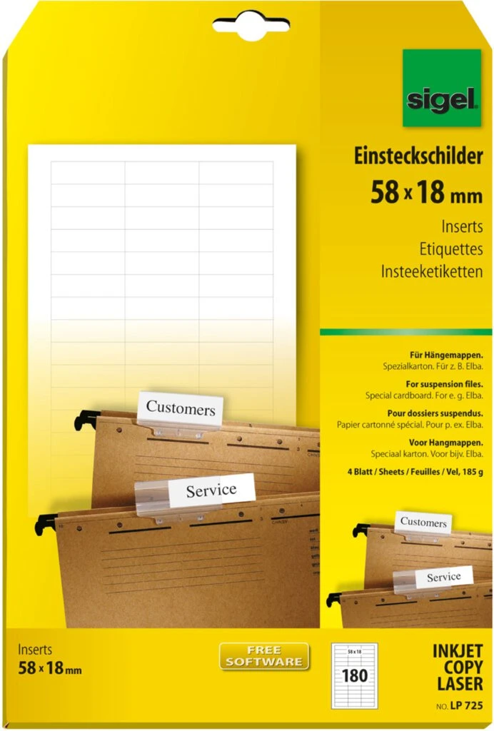 sigel PC-Einsteckschilder für Hängemappen, 58 x 18 mm, weiß (EAN: 4004360992124)