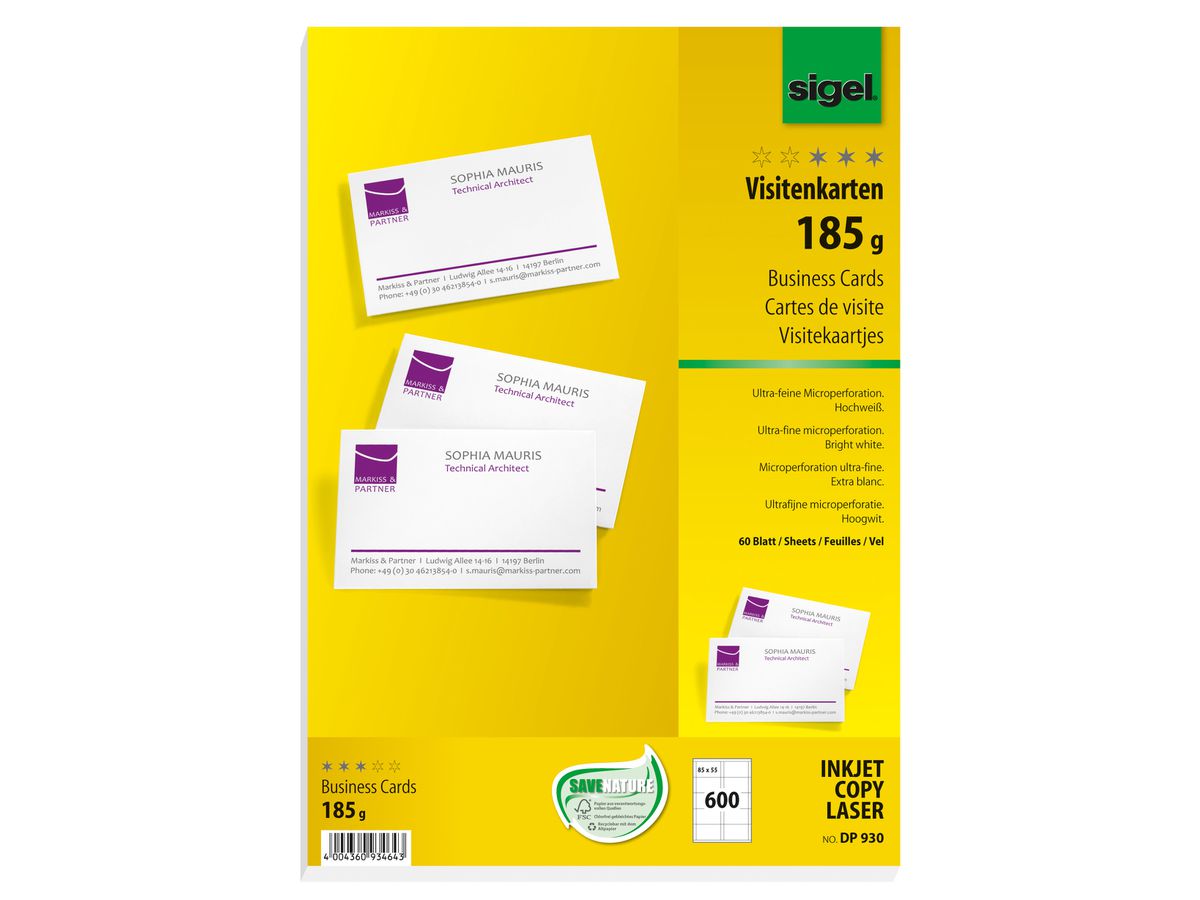 sigel Visitenkarten, 85 x 55 mm, 185 g/qm, hochweiß (EAN: 4004360934643)