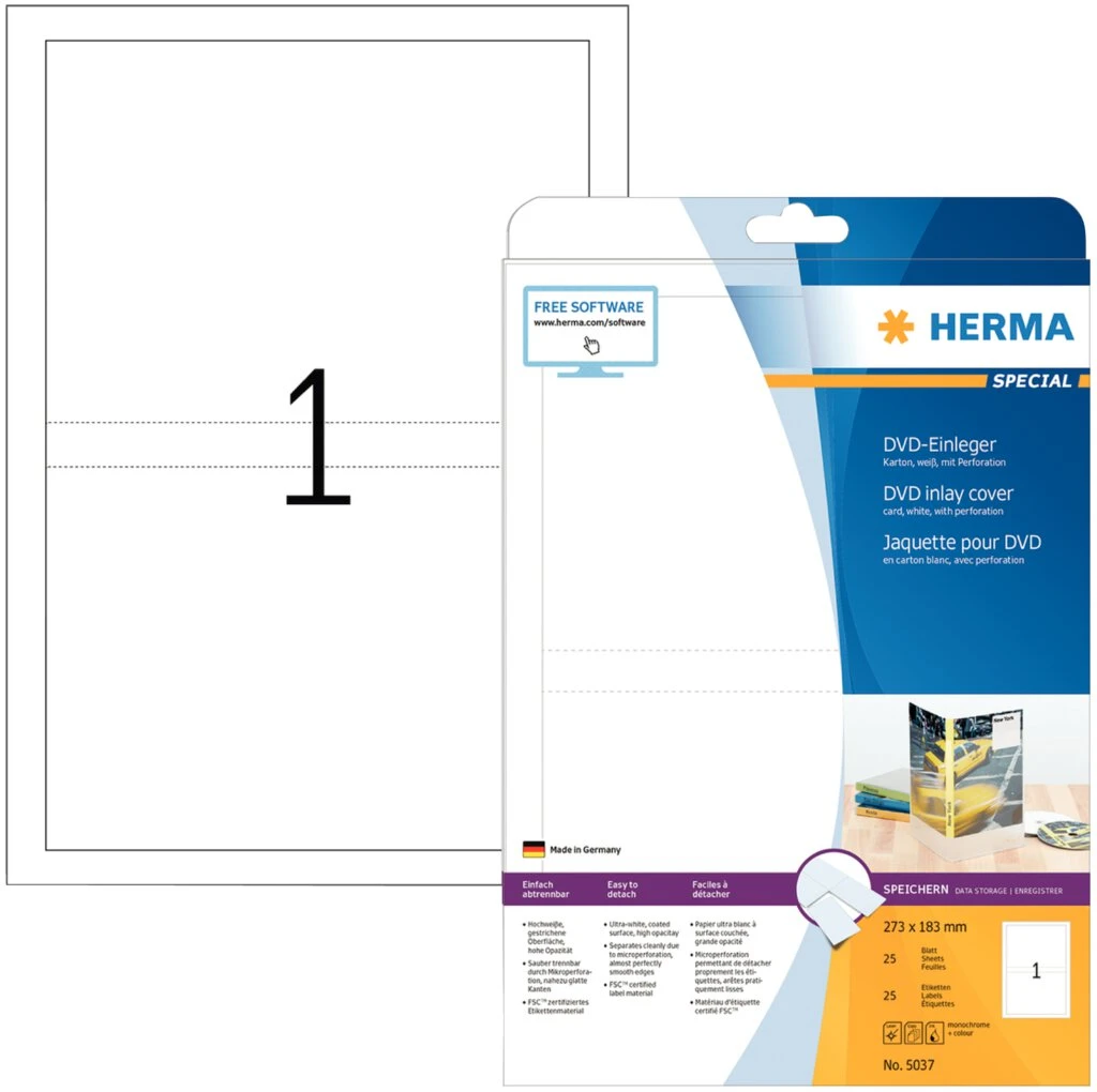 HERMA DVD-Einleger, für DVD-Hüllen, 183,0 x 273,0 mm, weiß (EAN: 4008705050371)