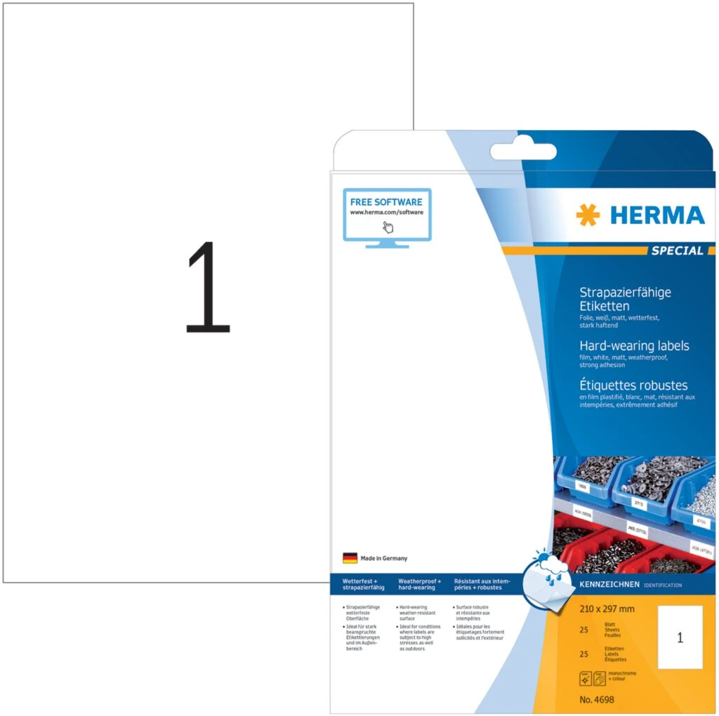 HERMA Polyester-Etiketten SPECIAL, 210 x 297 mm, weiß (EAN: 4008705046985)