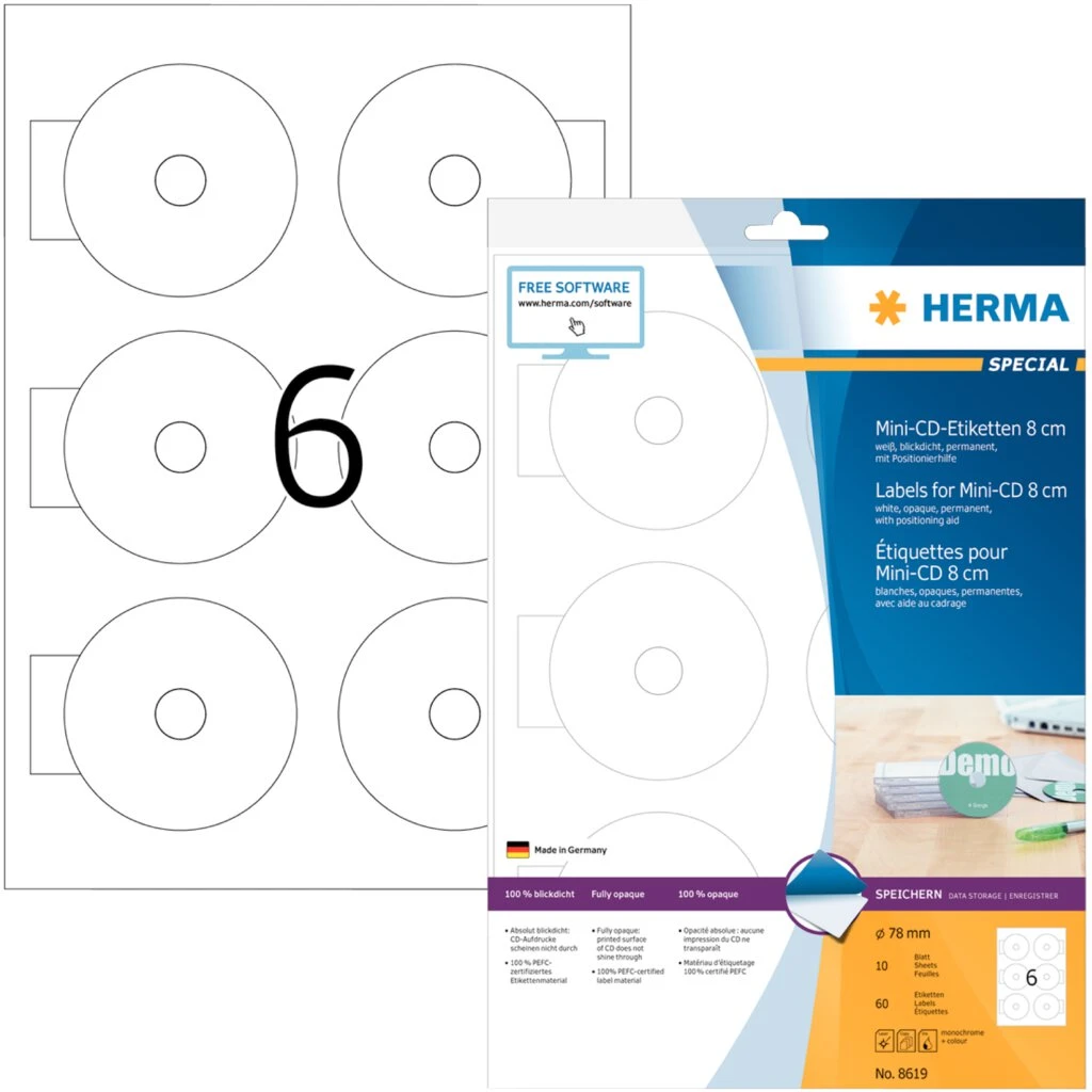 HERMA Mini CD-Etiketten Mini SPECIAL, Durchmesser: 78 mm (EAN: 4008705086196)
