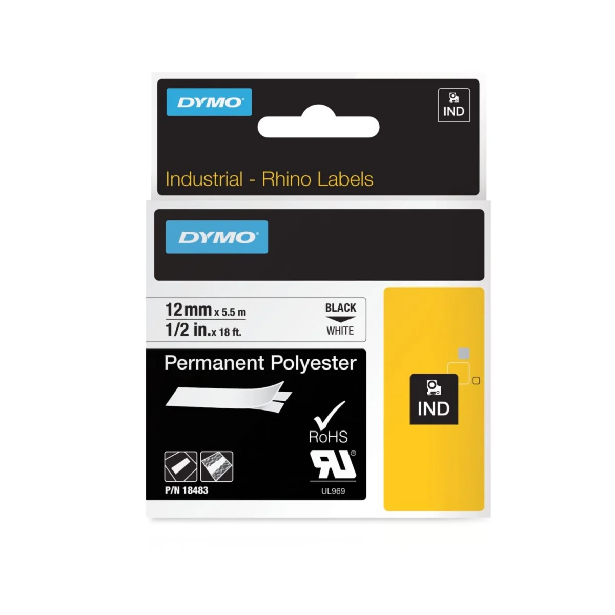 DYMO RHINO Polyester-Schriftband schwarz/weiß, 12 mm x 5,5 m (EAN: 0071701184832)