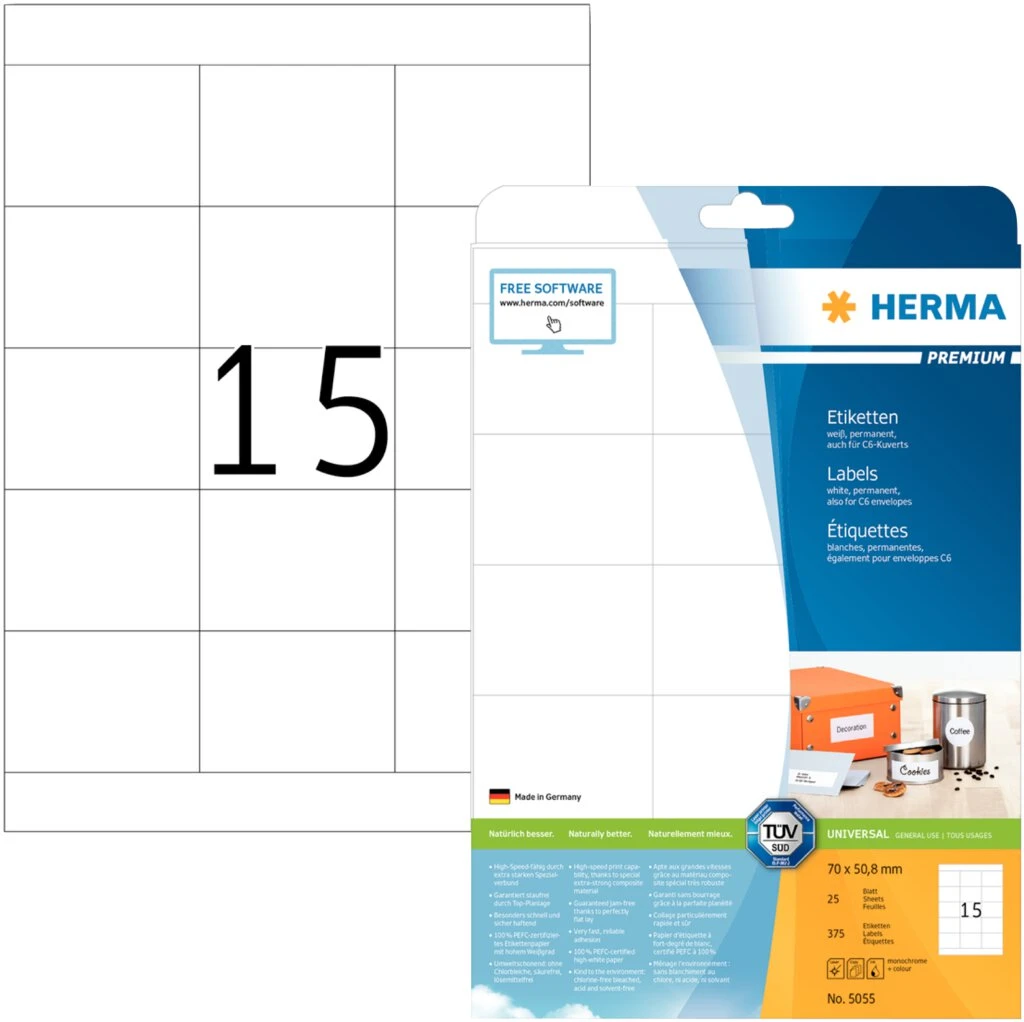 HERMA Universal-Etiketten PREMIUM, 70 x 50,8 mm, weiß (EAN: 4008705050555)
