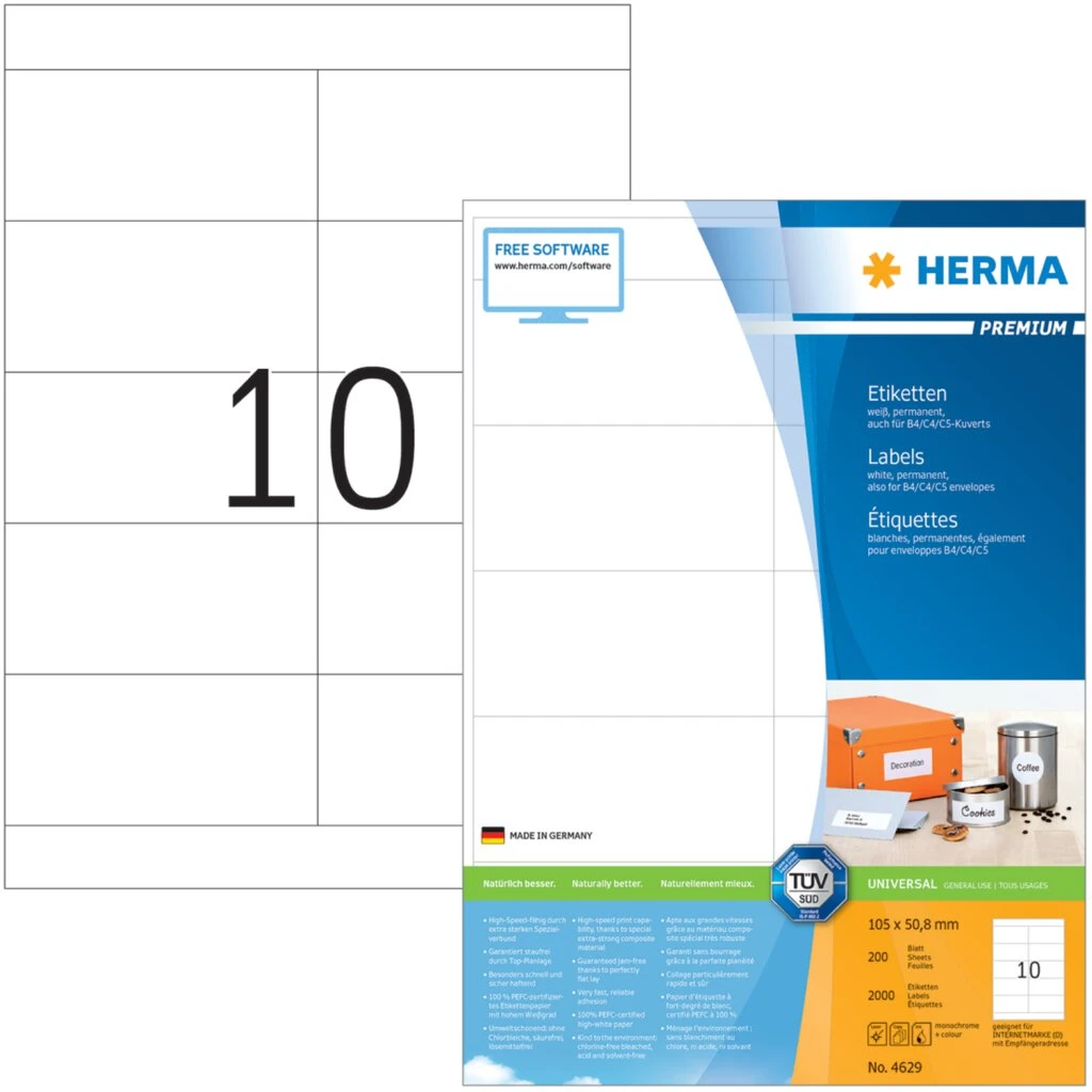 HERMA Universal-Etiketten PREMIUM, 105 x 50,8 mm, weiß (EAN: 4008705046299)