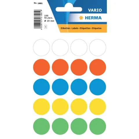 HERMA Markierungspunkte, Durchm.: 19 mm, rund, sortiert, weiß, rot, blau, gelb, grün (EAN: 4008705018814)