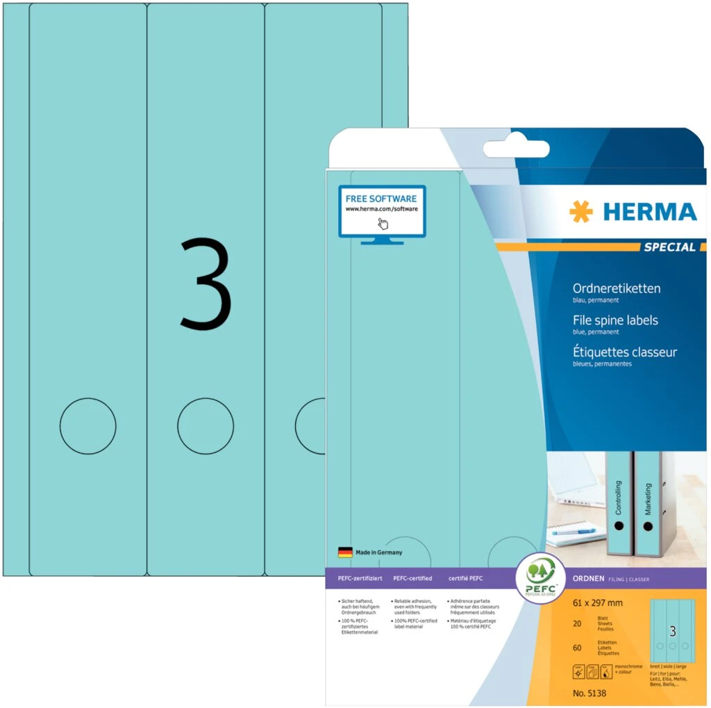 HERMA Ordnerrücken-Etiketten SPECIAL, 61 x 297 mm, blau (EAN: 4008705051385)