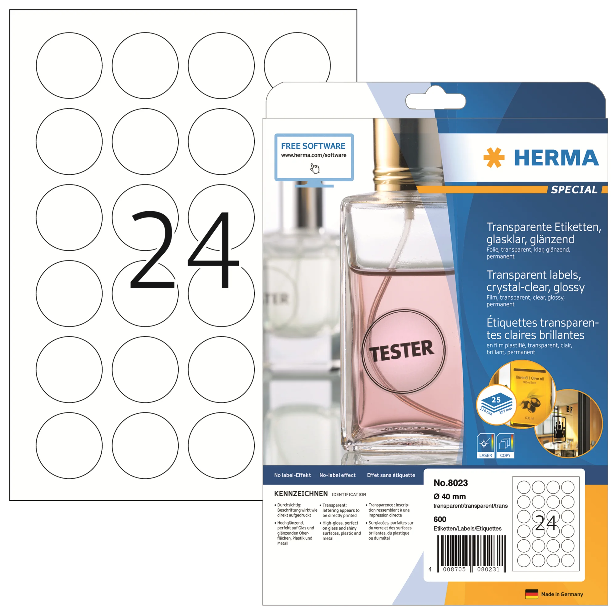 HERMA Transparente Folien-Etiketten SPECIAL, Durchm. 40 mm, glasklar (EAN: 4008705080231)