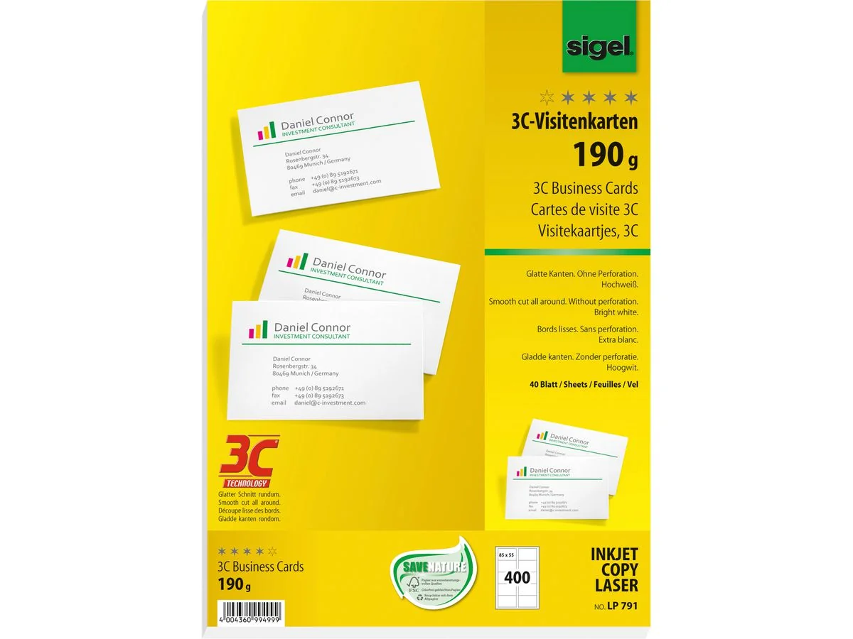 sigel PC-Visitenkarten, 85 x 55 mm, 190 g/qm, hochweiß (EAN: 4004360994999)