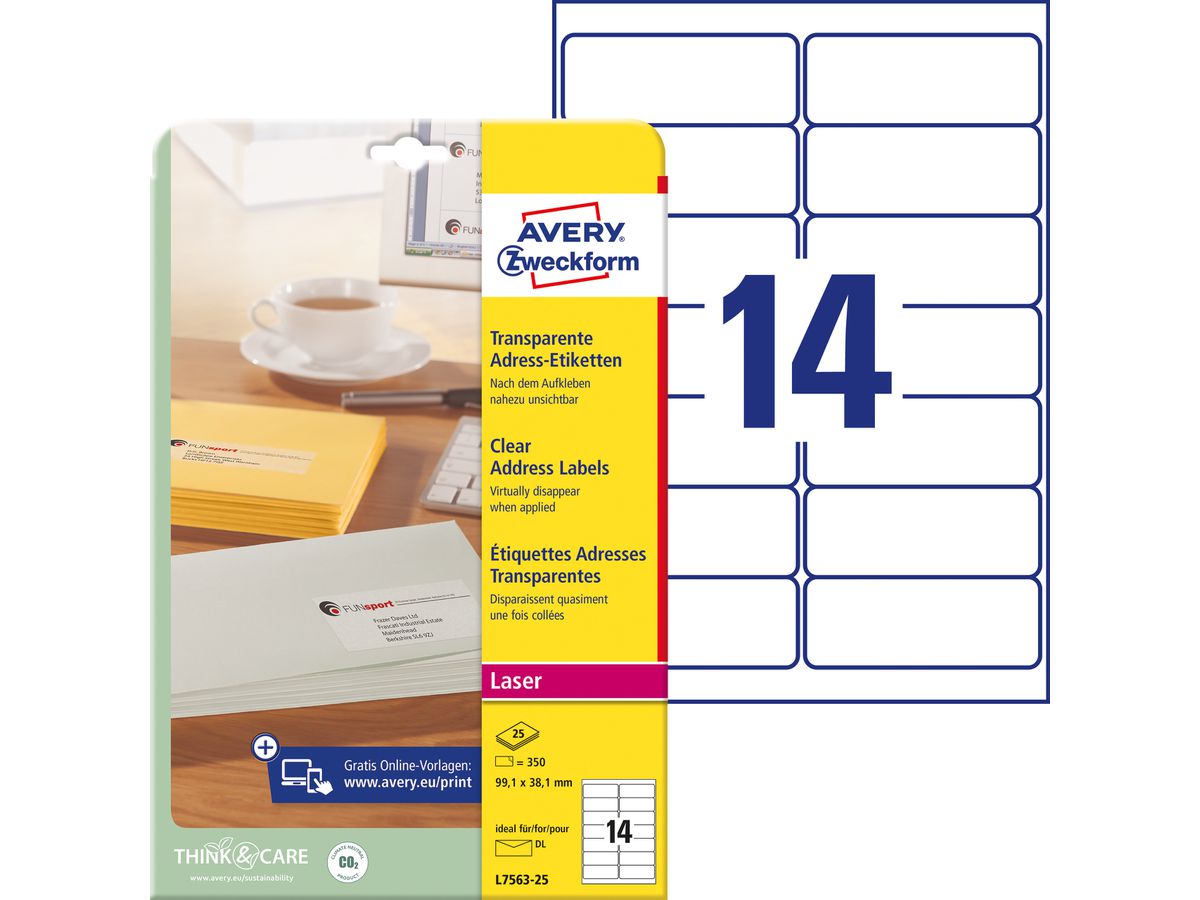 AVERY Zweckform Transparente Adress-Etiketten, 99,1 x 38,1mm (EAN: 4004182236505)