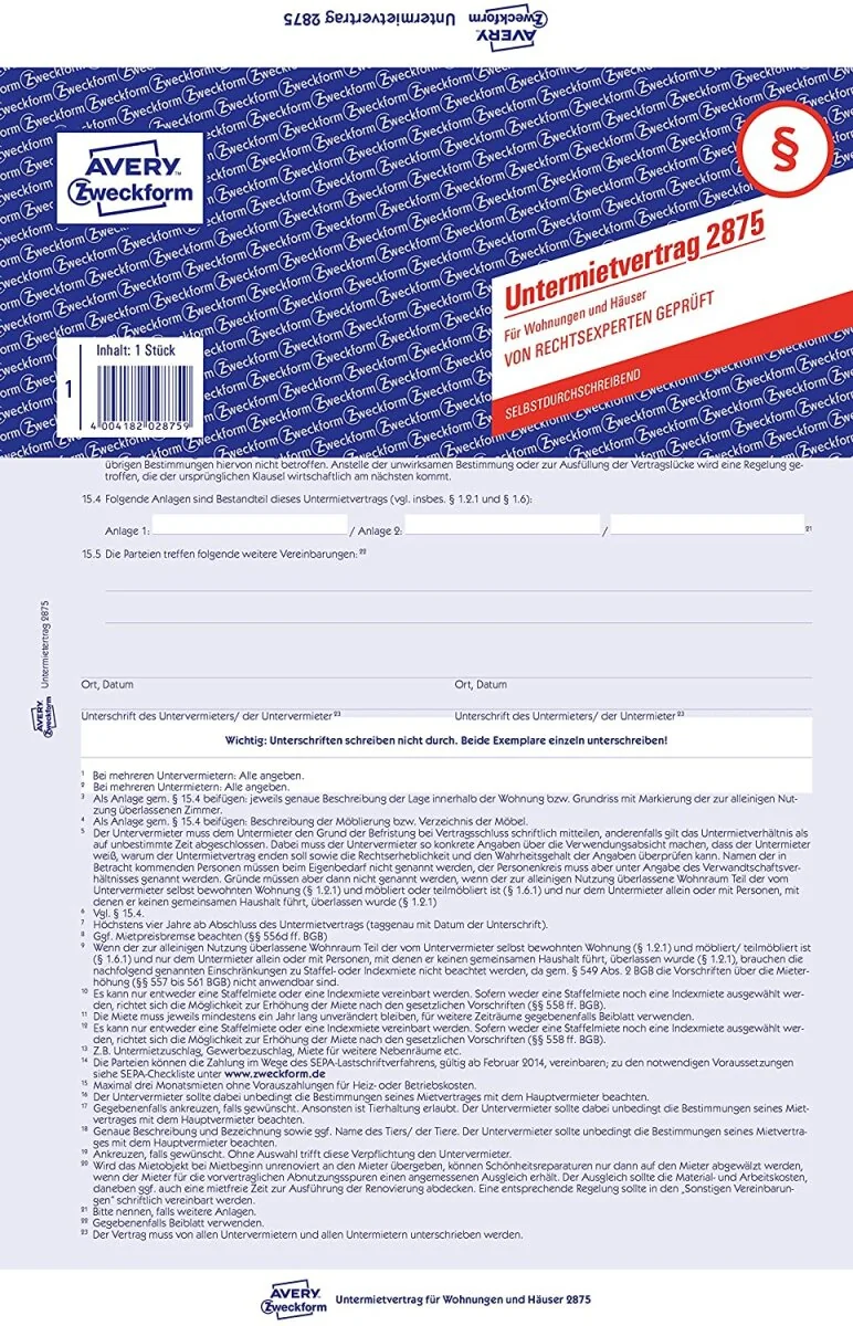AVERY Zweckform Vordruck "Untermietvertrag", A4, 2-seitig (EAN: 4004182028759)