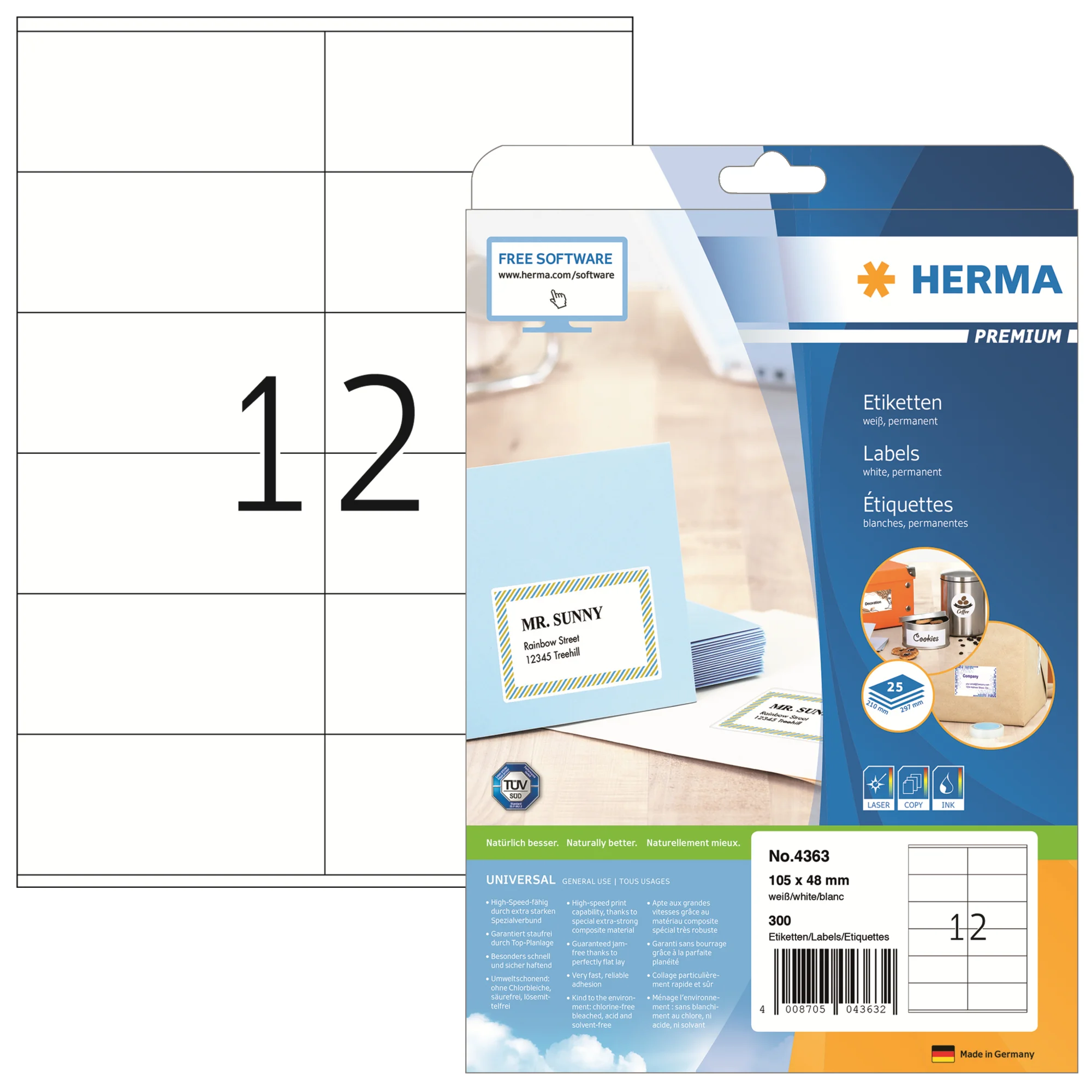 HERMA Universal-Etiketten PREMIUM, 105 x 48 mm, weiß (EAN: 4008705043632)
