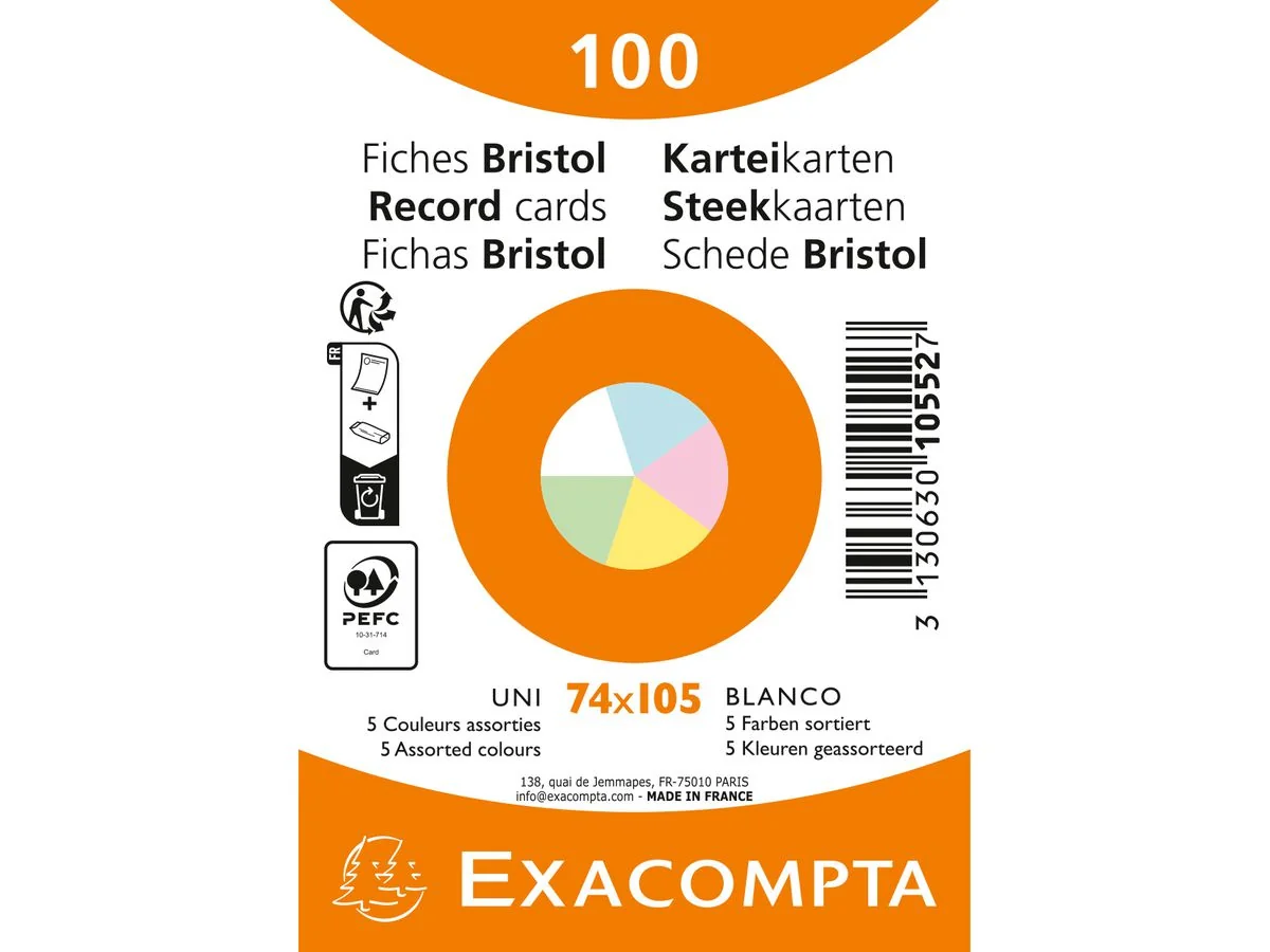 EXACOMPTA Karteikarten, DIN A7, blanko, farbig sortiert, blau, gelb, grün, rosa und weiß (EAN: 3130630105527)