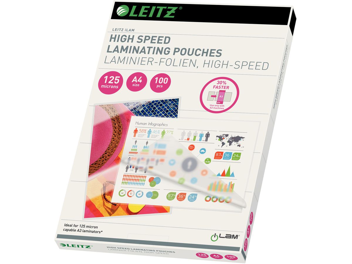 LEITZ Laminierfolientasche Speed, DIN A4, glänzend, 250 mic (EAN: 4002432377114)