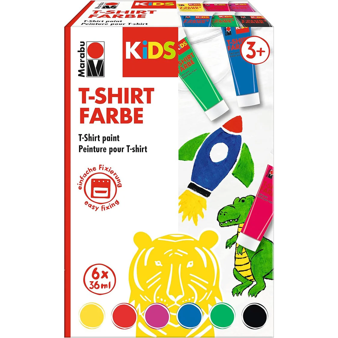 Marabu KiDS T-Shirt Farbe, 36 ml, Tube, 6er Set, gelb, rot, pink, blau, grün, schwarz (EAN: 4007751967404)