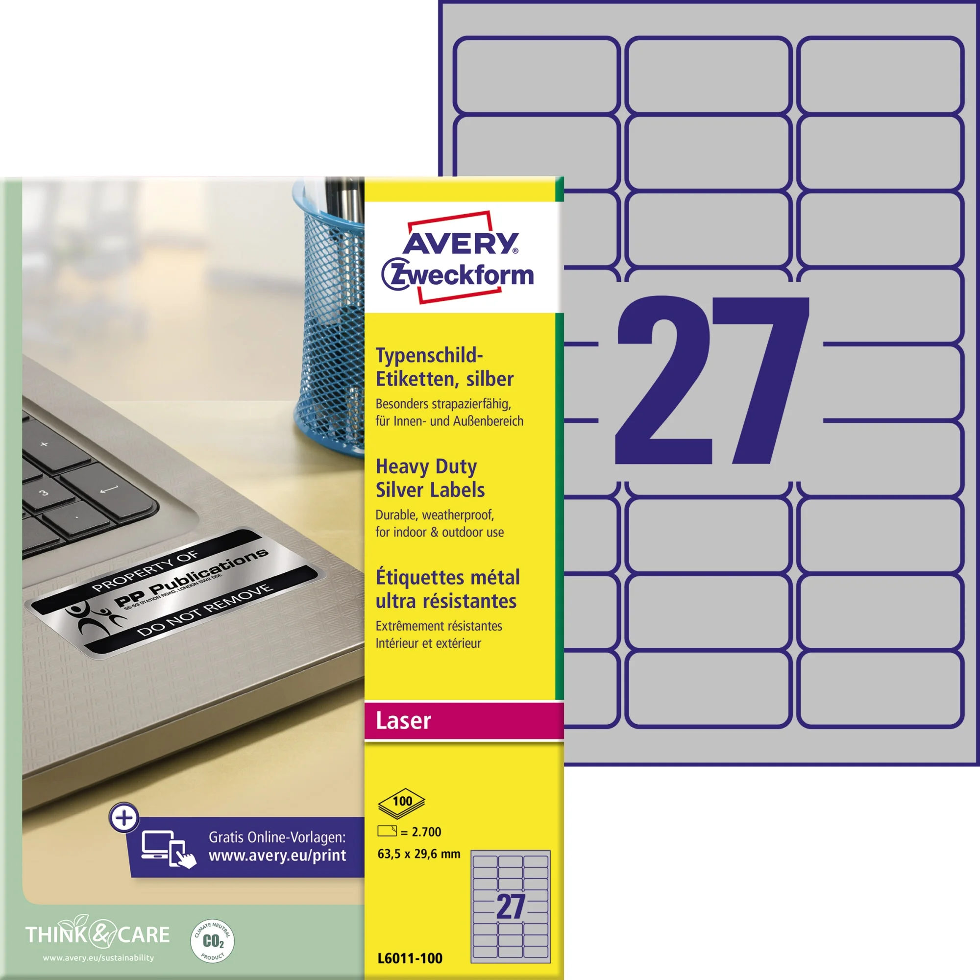 AVERY Zweckform Typenschild-Etiketten, 63,5x29,6 mm, silber (EAN: 4004182060988)