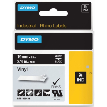 DYMO RHINO Vinyl-Schriftband weiß/schwarz, 19 mm x 5,5 m (EAN: 0071701059925)