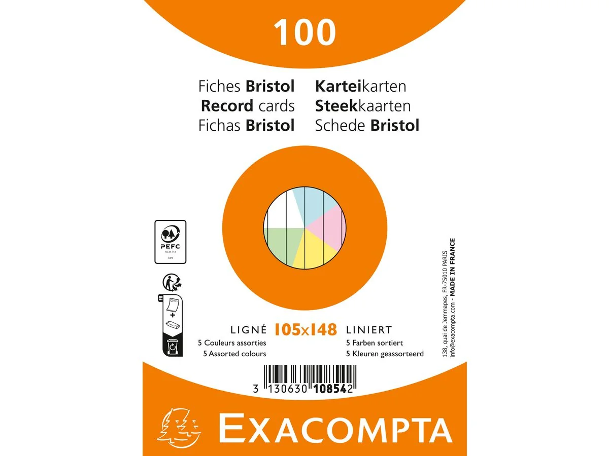 EXACOMPTA Karteikarten, DIN A6, liniert, farbig sortiert (EAN: 3130630108542)