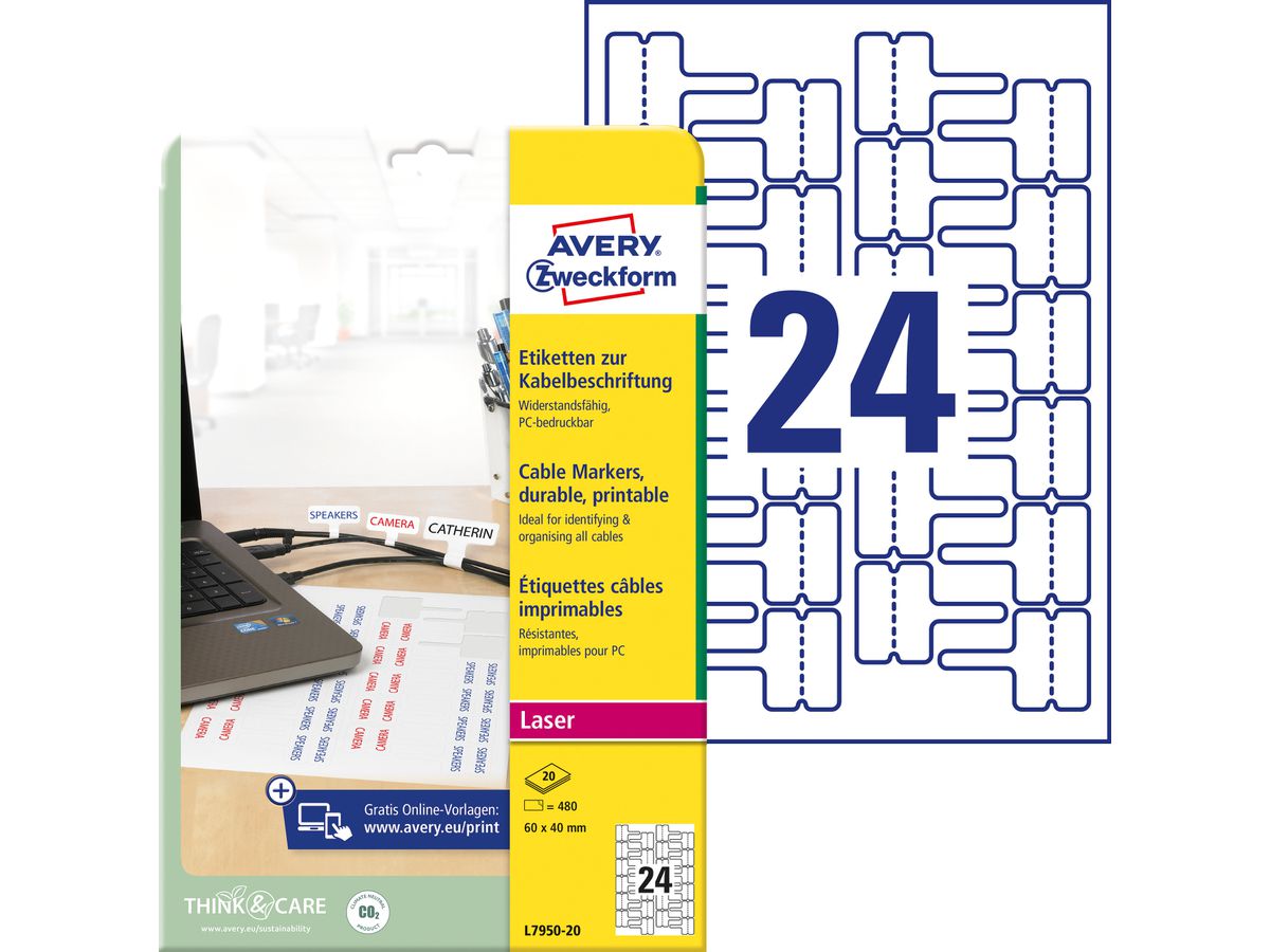 AVERY Zweckform Kabel-Etiketten, 60 x 40 mm, weiß, Laser (EAN: 4004182061886)