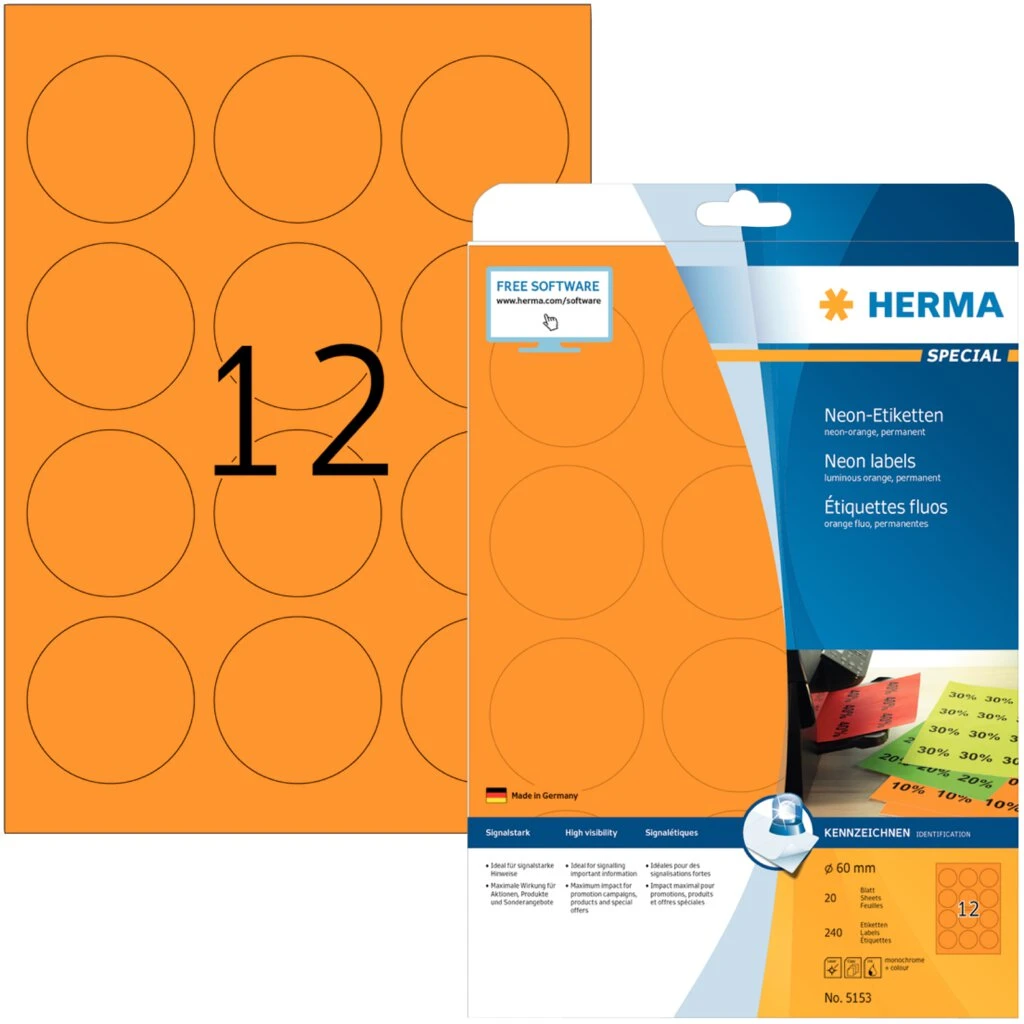 HERMA Universal-Etiketten SPECIAL, rund, 60 mm, neon-orange (EAN: 4008705051538)