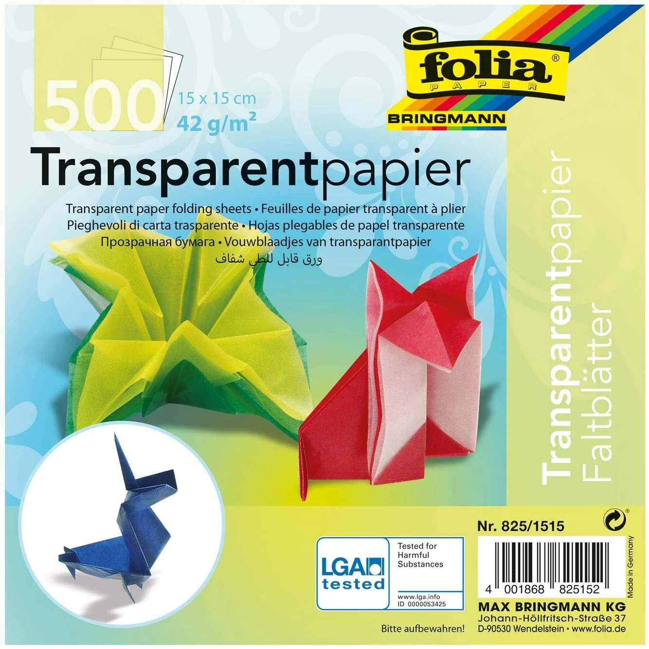 folia Transparentpapier-Faltblätter, 150 x 150 mm, sortiert in 10 Farben (EAN: 4001868825152)