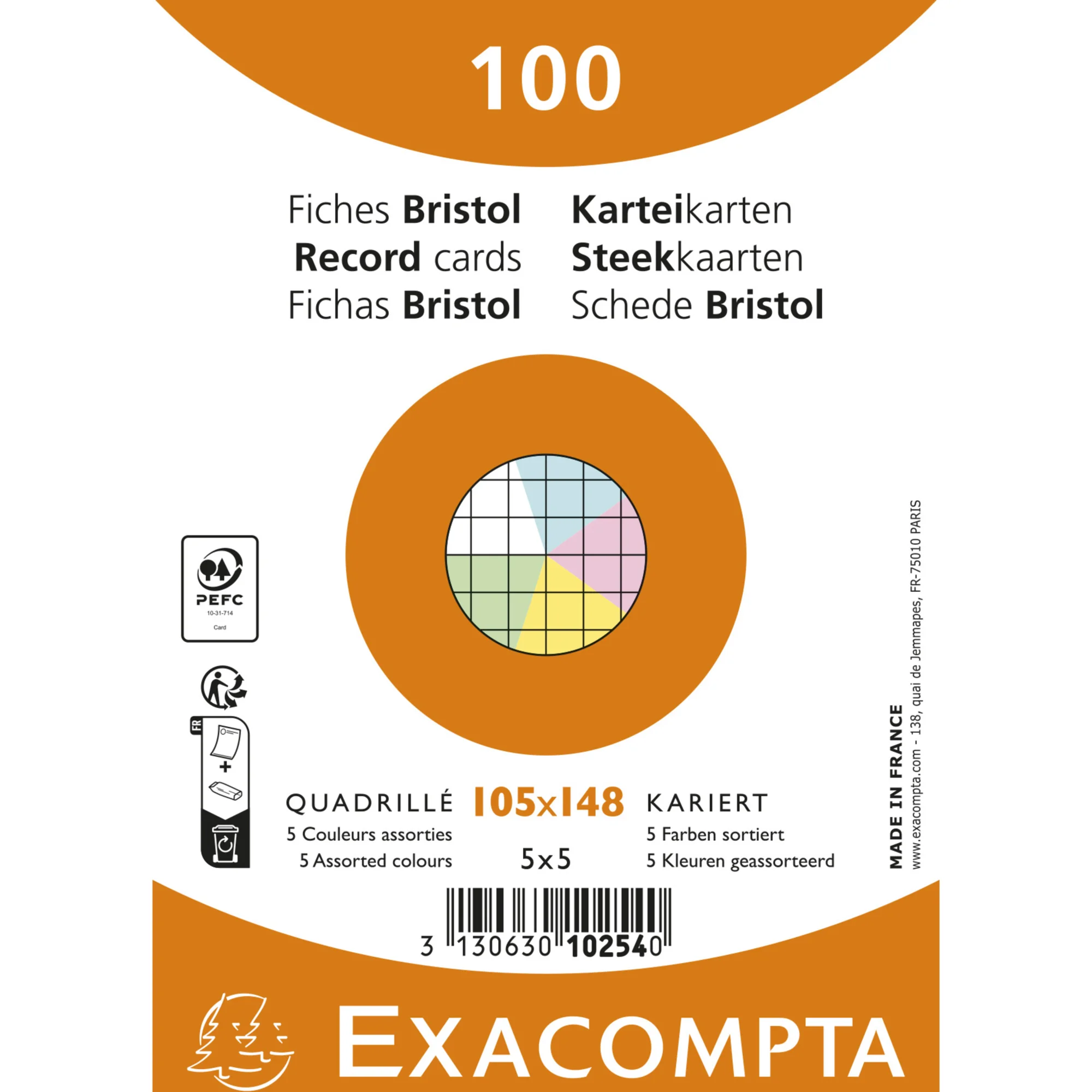 EXACOMPTA Karteikarten, DIN A6, kariert, farbig sortiert (EAN: 3130630102540)