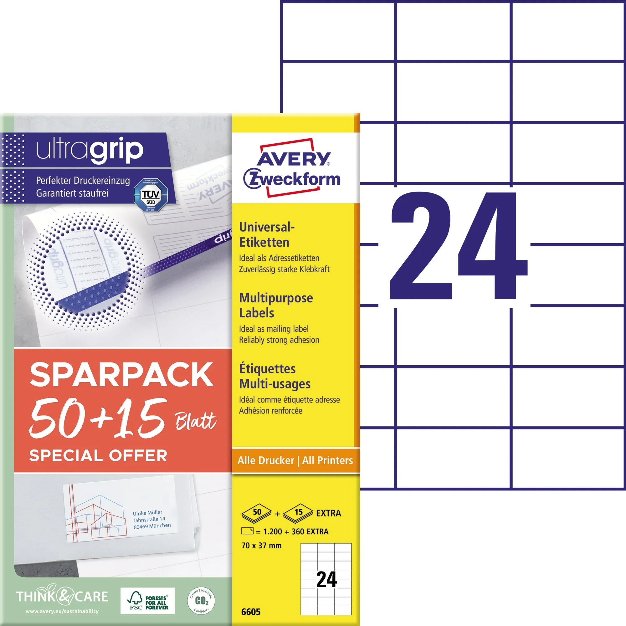 AVERY Zweckform Universal-Etiketten, 70 x 37 mm, 50 + 15 Bl. (EAN: 4004182066058)