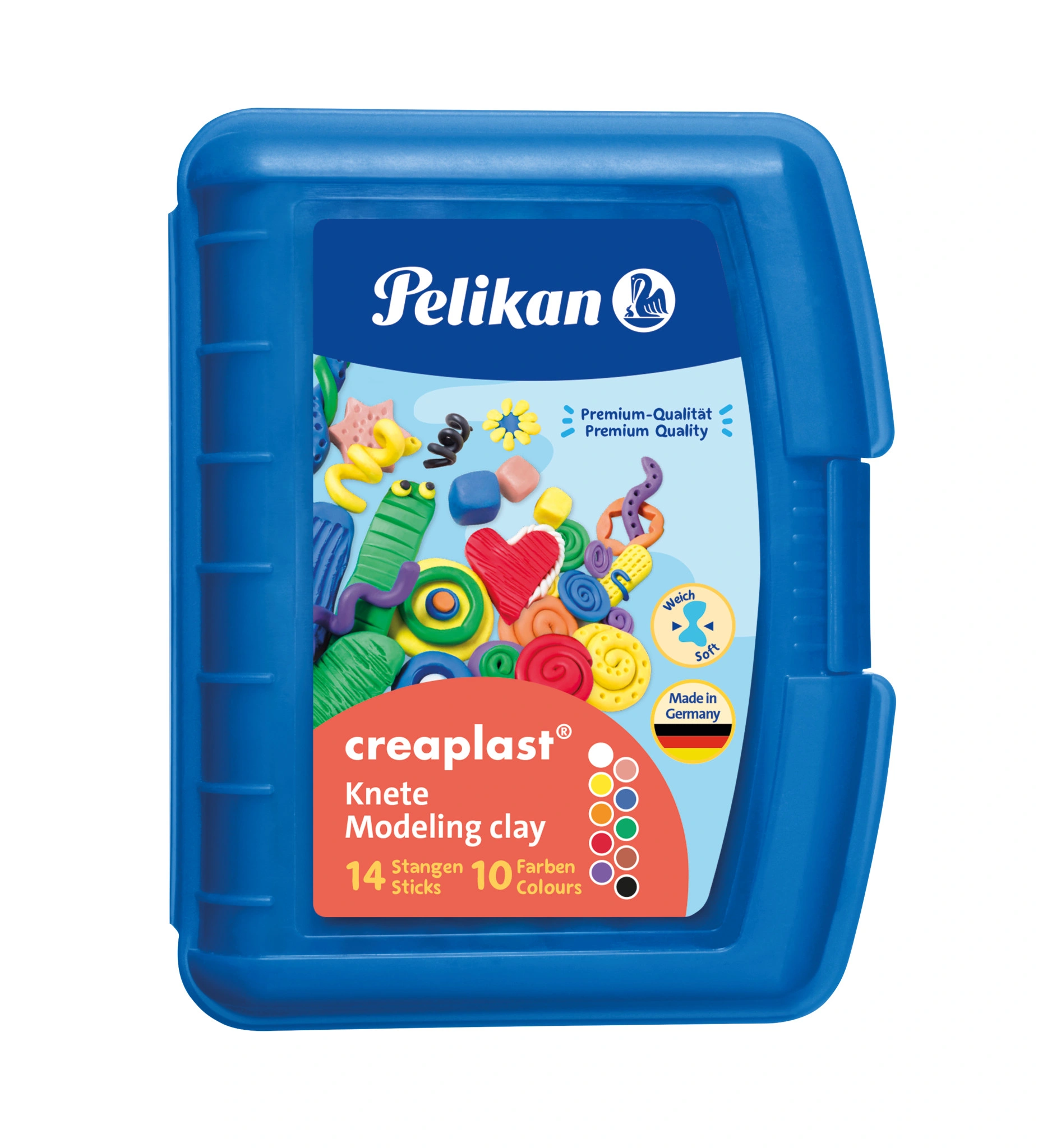 Pelikan Kinderknete Creaplast, 14er Kunststoffbox blau, farbig sortiert in 10 Farben (EAN: 4012700606730)