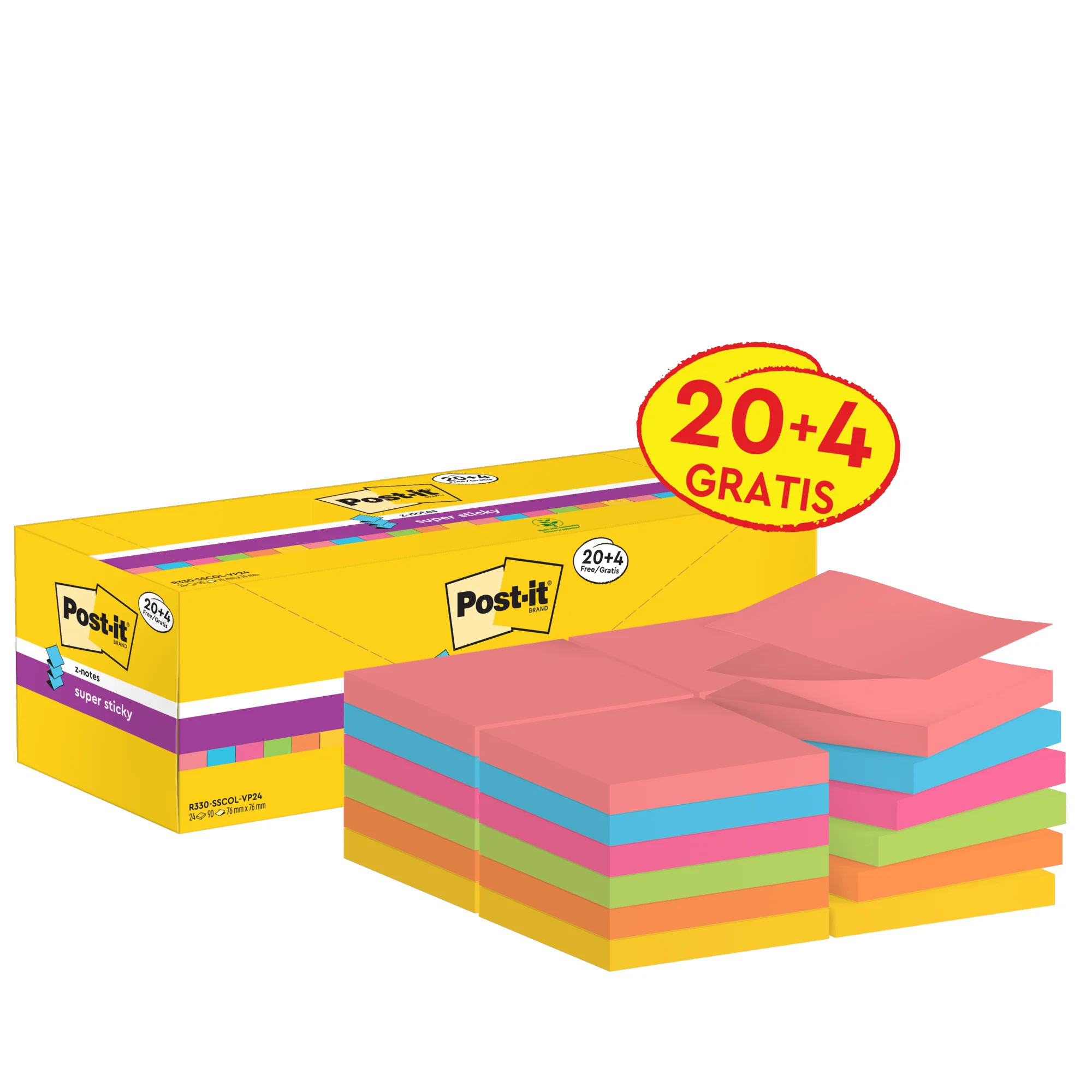 Post-it Haftnotizen super sticky z-notes, 76 x 76 mm, 20+4 (EAN: 4054596856035)