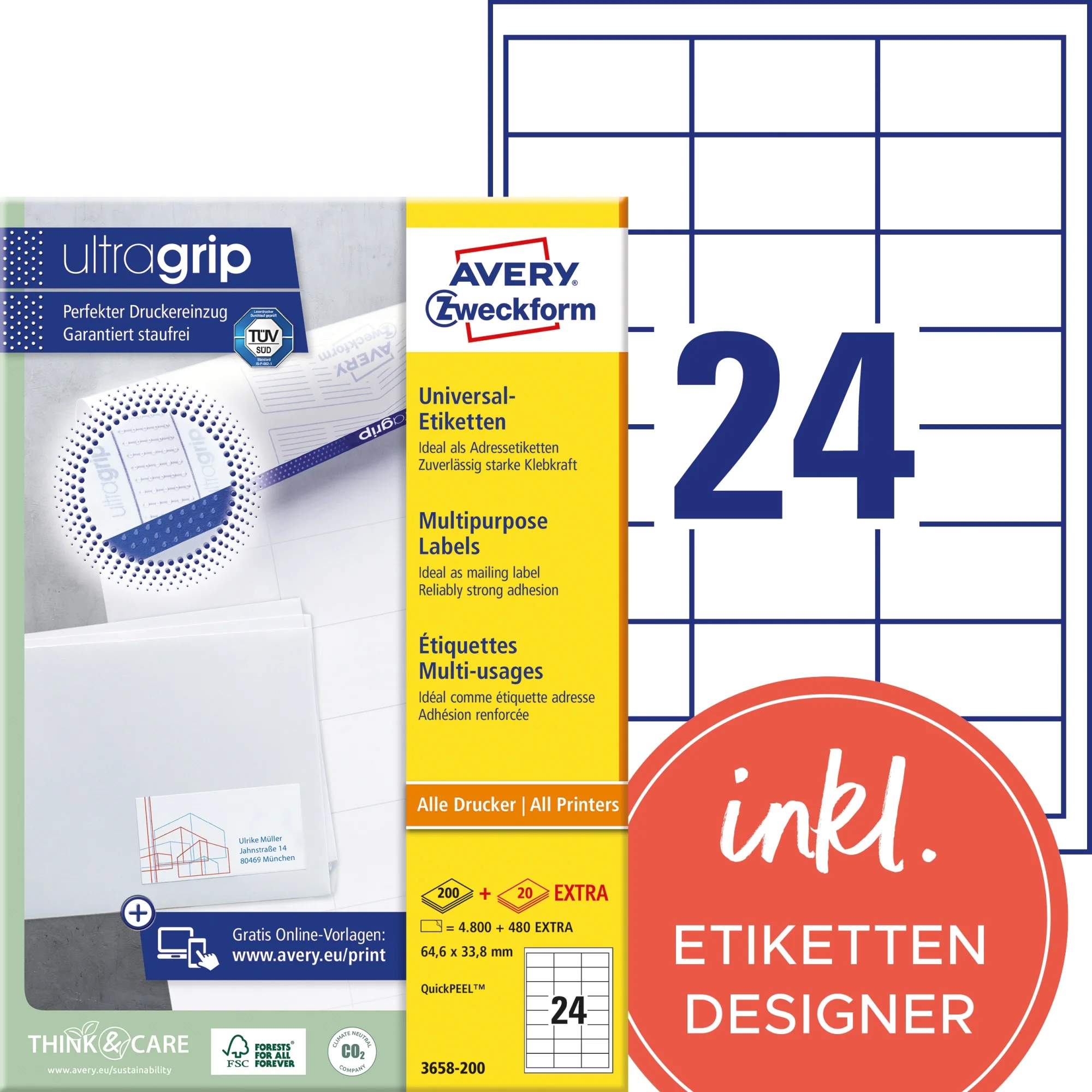 AVERY Zweckform Universal-Etiketten, 64,6 x 33,8 mm, weiß (EAN: 4004182249499)