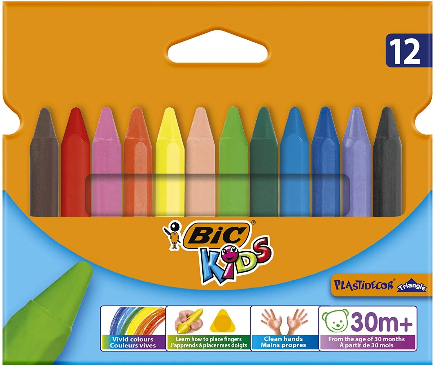 BIC Dreikant-Wachsmalkreide Plastidecor Triangle, 12er Etui, farbig sortiert (EAN: 3086124000789)