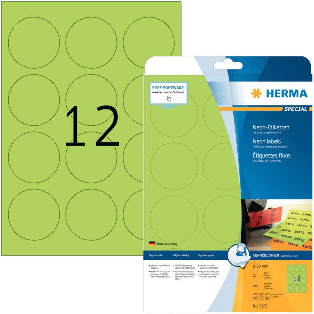 HERMA Universal-Etiketten SPECIAL, rund, 60 mm, neon-grün (EAN: 4008705051552)