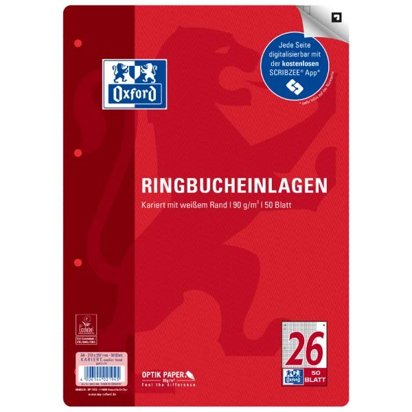 Oxford Ringbucheinlagen, DIN A4, liniert, 50 Blatt (EAN: 4006144021907)