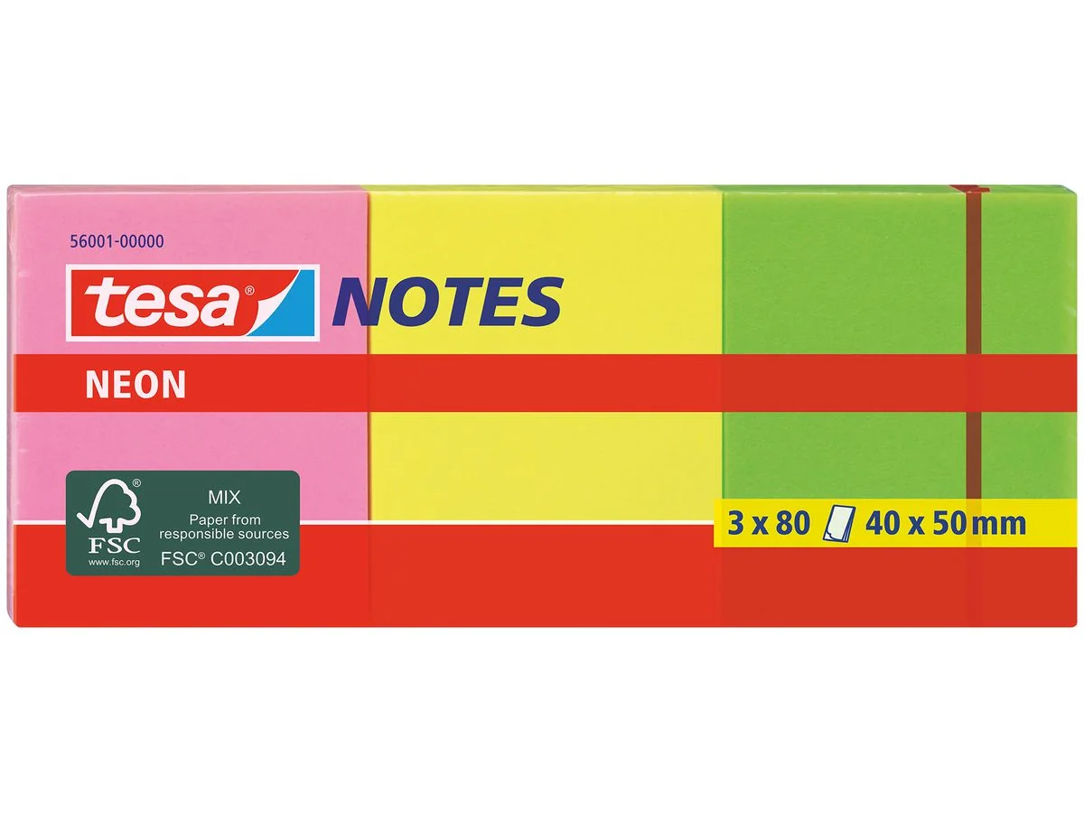 tesa Neon Notes Haftnotizen, 40 x 50 mm, 3-farbig, pink, gelb, grün (EAN: 4042448812483)