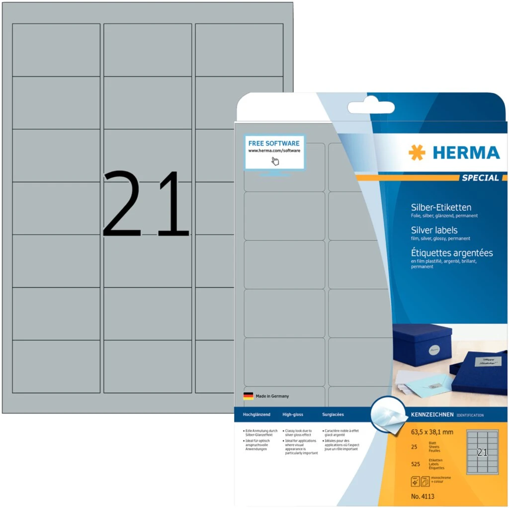 HERMA Silberfarbene Folien-Etiketten SPECIAL, 63,5 x 38,1 mm (EAN: 4008705041133)