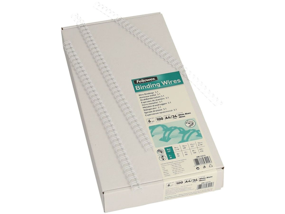 Fellowes Drahtbinderücken, DIN A4, 34 Ringe, 6 mm, weiß (EAN: 0077511532153)