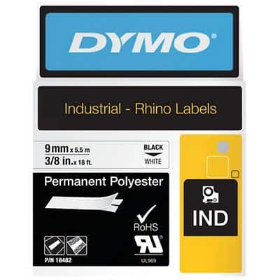 DYMO RHINO Polyester-Schriftband schwarz/weiß, 9 mm x 5,5 m (EAN: 0071701184825)