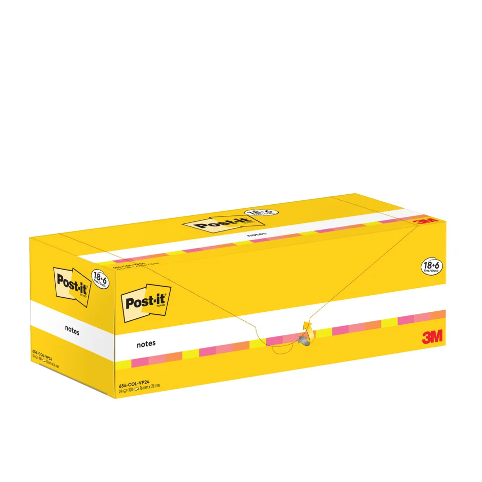 Post-it Haftnotizen notes, 76 x 76 mm, farbig, 18+6 gratis, pink, rosa, orange und gelb (EAN: 4064035128159)