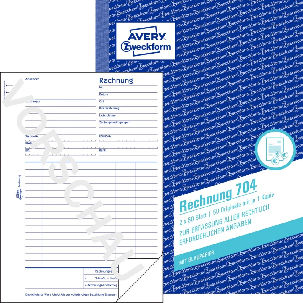 AVERY Zweckform Formularbuch "Rechnung", A5, 2 x 50 Blatt (EAN: 4004182007044)