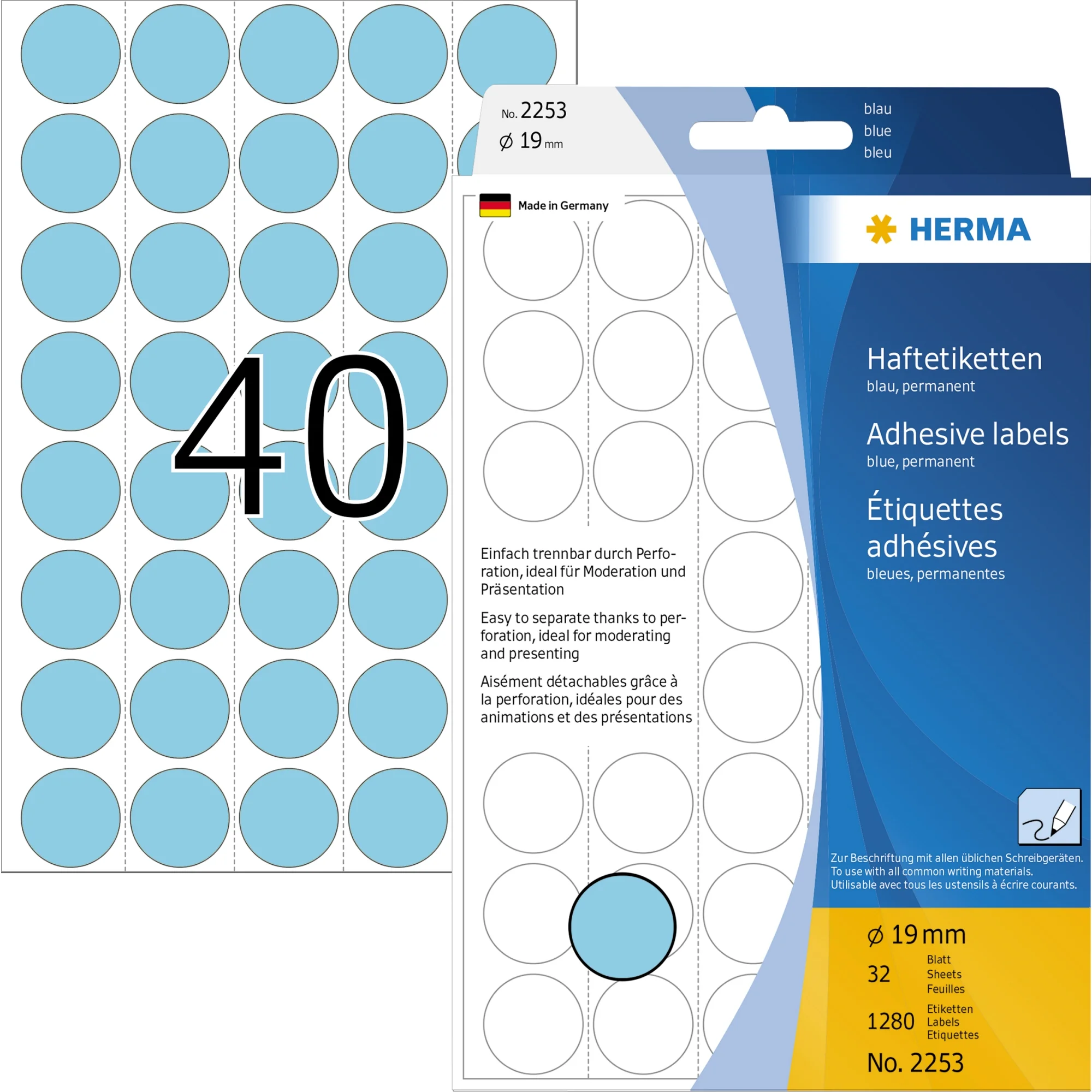 HERMA Markierungspunkte, Durchmesser: 19 mm, blau (EAN: 4008705022538)