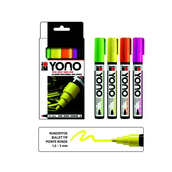 Marabu Acrylmarker "YONO", 1,5 - 3,0 mm, 4er Set NEON, neon-grün, neon-gelb, neon-orange, neon-pink (EAN: 4007751848734)
